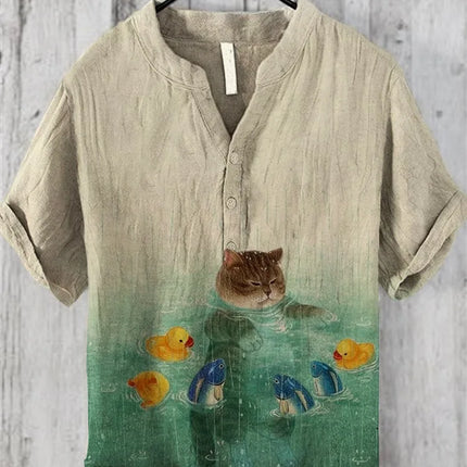 Popular European and American short-sleeved wave pattern men's shirts, stand-up collar shirts, Hawaiian shirts, men's vacation shirts