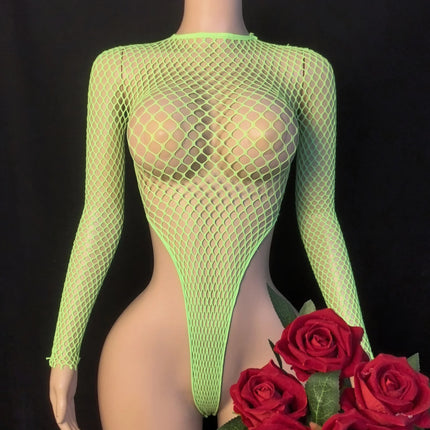 Erotic Women Sexy Fishnet Hollow Swimsuit High Fork Thongs Sexy See-Through Exotic Bikini Underwear Transparent Bodysuits