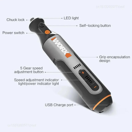 Worx WX106 Rotary Tool 8V Cordless Mini Drill Engraving Grinding Polishing Machine USB Charger Variable Speed Power Tools Set