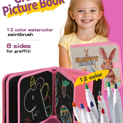Kids Easter Bunny Blackboard Graffiti Book-Reusable Washable Painting Notebook with 12 Color Pens, Portable Educational Toy Gift