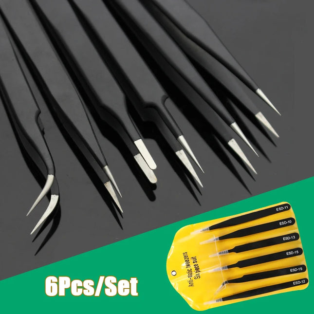 Antistatic Stainless Steel Tweezers 6 PCS Precision Maintenance Industrial Repair Curved Tool Home Work Model Making Hand Tools