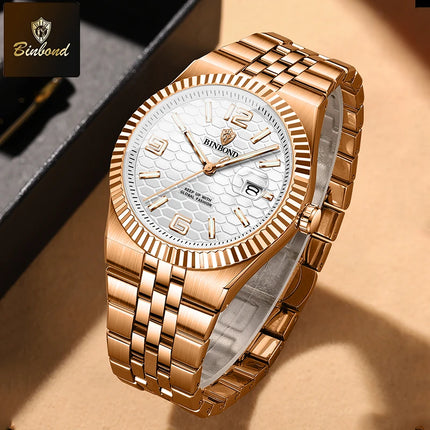 BINBOND Top Brand Quartz Watch For Men Luxury Stainless Steel Waterproof Luminous Watch Fashion Date Display Business Men Watch