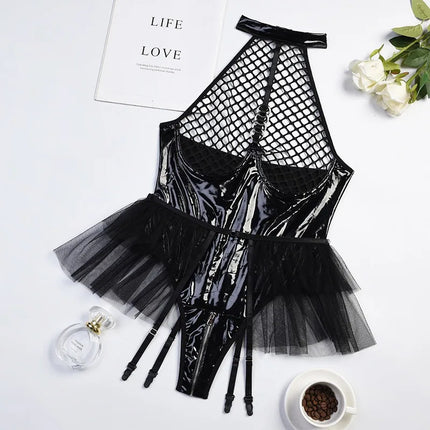 Tornova Sexy Female Lingerie Patent Leather Patchwork Mesh Hollow Out See-through Interesting Garters Women's Underwear Jumpsuit