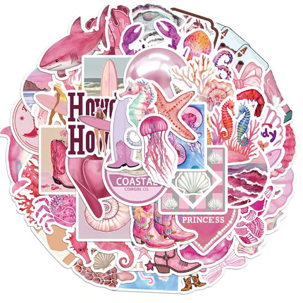 50PCS Aesthetic Pink Ocean Stickers Pack Pink Summer Graffiti Beachy Stickers for Luggage, Journal, Laptop, Kindle, Scrapbook
