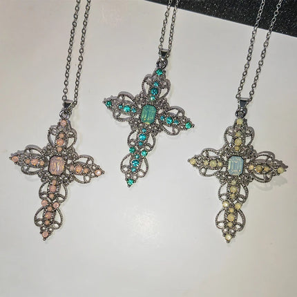 Gothic Big Zircon Cross Necklace Unisex Y2K Irregular Goth Large Cross Pendant Necklaces  for Men Women Couple Necklace Jewelry