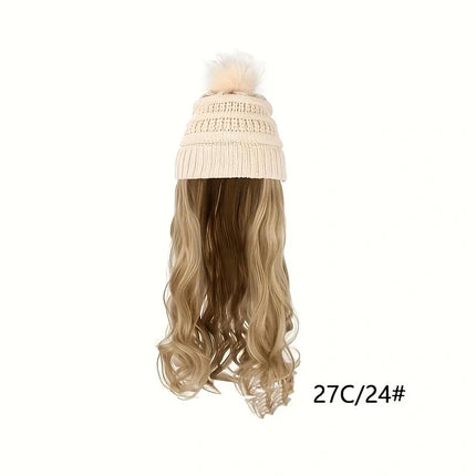 20inch Long Water Wavy Synthetic Hairpiece Beanie Hat - Woven Wigs with Knit Pom Cap and Warm Winter Design - Soft, Detachable,