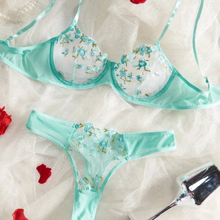 Bra Brief Set Woman 2 PCS Lingerie Sexy Floral Embroidery Underwear Mesh Intimate Transparent Lace Short Skin Care Bralette Kits