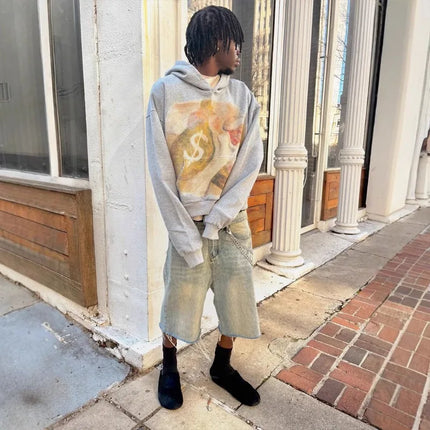 European and American Style Street Alien Print Hooded Sweatshirts for Men Autumn High Street Gothic Loose Fitting Couple Hoodies