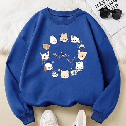 Dessert Time Creative Animals Clock Design Printed Sweatshirts Woman Top O-Neck Fleece Streetwear Soft Autumn Women's Clothing