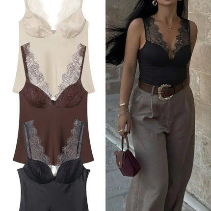 HH Elegant Women's Lace Splice Sexy Satin Sling Top 2026 Spring Summer Fashion Female V-Neck Backless Slimming Underwear Vest