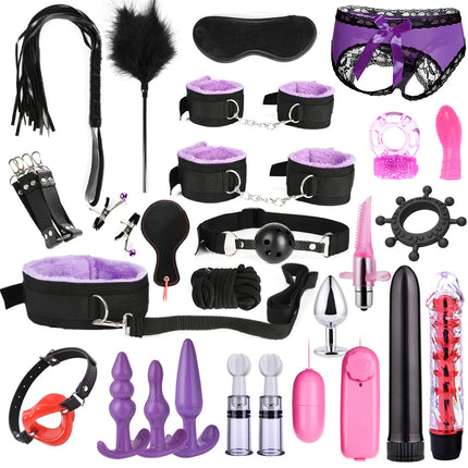 BDSM SexLove Set Kits Adults Sex Toys for Women Men Handcuffs Nipple Clamps Whip Spanking Sex Metal Anal Plug Vibrator Butt