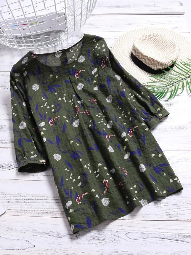 Plus Size 1XL-8XL Women Fashion Floral Printed 3/4 Sleeve Shirt Loose Retro Color Shirt Ladies Blouse Tops