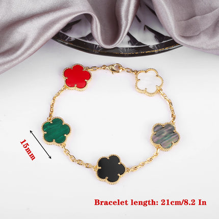 Hot Sale Premium 15mm Natural Stone White Shell Five Leaf Flower Bracelet Gold Silver Lucky bangle For Women Girls Party Daily
