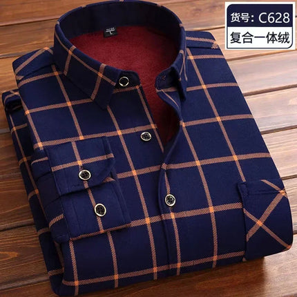 Autumn Winter Thicken Fleece Shirt Men Business Plaid Shirt Long Sleeve Warm Clothes Turn Down Collar Button Up Warm Shirts Male