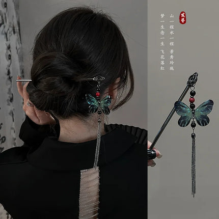 New Chinese Style Butterfly Flower Tassel Hair Stick for Women Vintage Metal Hanfu Chopstick Hair Sticks Hair Accessories