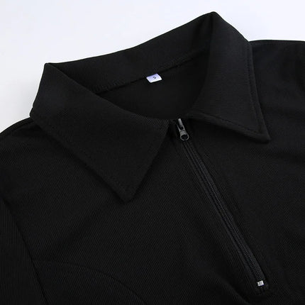 Women's T-shirt Autumn New Black Long Sleeves Crop Top Casual Fashion Zippers T-shirt Lady Turn-down Collar Sexy Tops Clothing