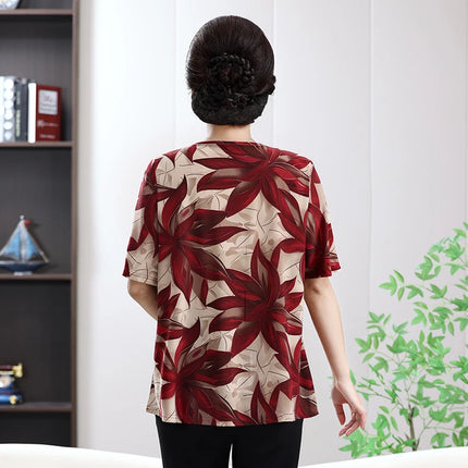 Floral Printed Summer Tops for Mature Women Beige-Toned Linen-Cotton Versatile Blouse Plus size Temperament Enlarged Loose Shirt