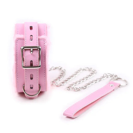 Faux Leather Plush Neck Choker Furry Collar with Metal Chain Drag Leash Lockable Harness BDSM Bondage Restraints  Sex Toys
