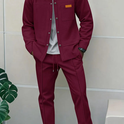 2025 Men's New Style Waffle Plain Color Collar Button-Down Pockets Long-Sleeved Pants Casual Jacket Set