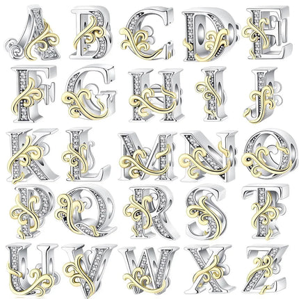 925 silver 26 letters retro fashion golden pendant fit original bracelet charm beads necklace Diy female jewelry