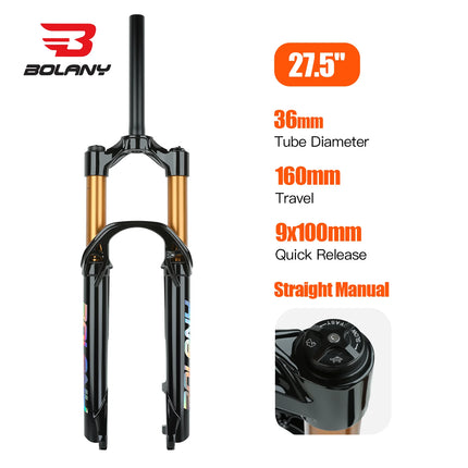 BOLANY Bike Fork MTB Air Fork 36mm Stanchion 160mm Trave Boost Air Suspension 9x100mm QR 15x110mm Bicycle Fork 26/27.5/29inch