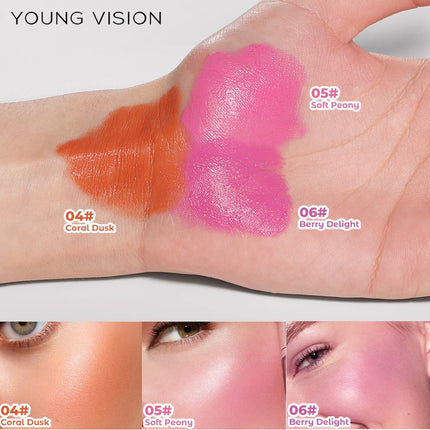 YOUNG VISION 6-Color Matte Heart Blush, Contour Stick, Face Sculpting Mousse Blush, and Lipstick 3-in-1, gift 1pcs makeup brush