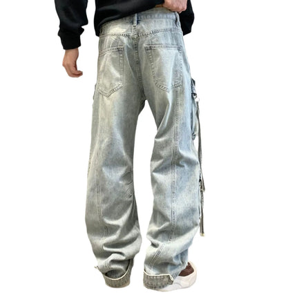 2025 New Fashion Men's Washed Light Blue Multi Pocket Casual Trendy Loose Wide Leg Straight Cargo Denim Trousers Male Jeans Pant