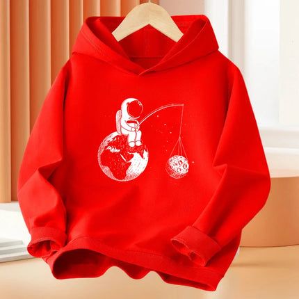 Boys 3-14Year Cartoon Space Astronaut Fishing The Moon Long Sleeve Hoodie Children Funny Tops Kids Cotton Basic Coat