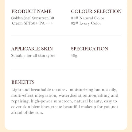SPF50+ Gold Snail Sunscreen BB Cream Whitening Foundation Concealer Moisturizing Long Lasting Even Skin Tone Makeup Base Primer