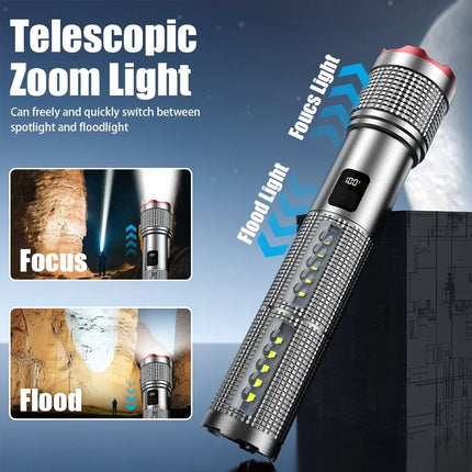 Super Bright LED Flashlight USB Rechargeable Torch Telescopic Zoom Handheld Flashlight Outdoor Camping Emergency Fishing Lantern