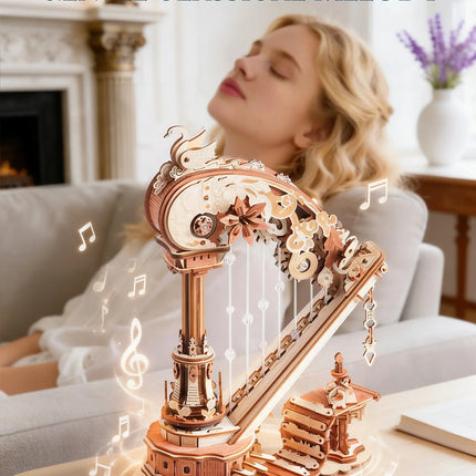 ROKR Magic Harp Music Box Wooden 3D Puzzle 350-Piece DIY Mechanical Model Building Kit for Home Desk Bookshelf Decor Gift for Adults Kids
