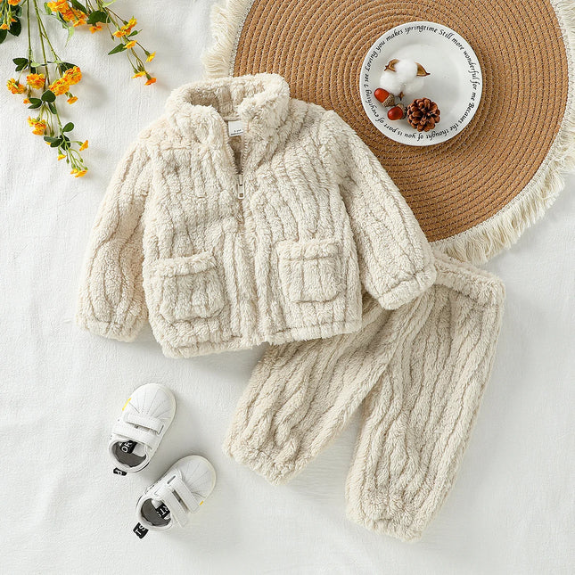 2025 New Casual Autumn/Winter Boys/Girls Long Sleeve Solid Warm Plush Sets For 1-3Y Zip-Up Coat Outfits Clothing Suit