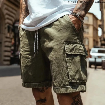 Summer Men Cargo Pants Shorts Waterproof Outdoor Breathable Zipper Pockets Casual Elastic Waist Waffle Fabric Workwear Washed