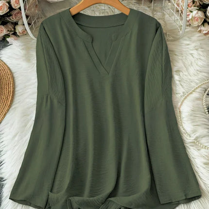 Plus Size 2025 New Casual Tops Women's Loose Long Sleeve Stand Collar T-shirts Polyester Fashion Female Apparel V-neck Clothing