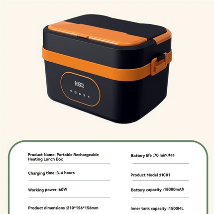B51C Rechargeable Cordless Electric Lunch Box 1.5L Portable Self-Heating Food Warmer Container For Outdoor Office Use