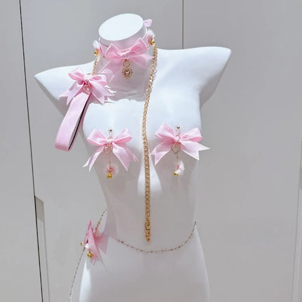 New Pink Bow Nipple Clips Heart-Shaped Gemstone Collar Leash Set with Body Chain Sexy Accessories Anal Plug with Tail Sex Toys