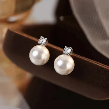 Real 925 Sterling Silver Zircon Bead Round Pearl Stud Earrings For Women Classic Fine Jewelry Niche Light Luxury Accessories