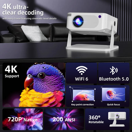 XNANO HA109 Portable LED Projector with Android 11 720P 4K Video Support WiFi 6 BT5.0 Gimbal Mount 200 ANSI for Home Cinema