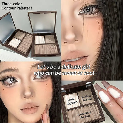 Natural Matte 3-in-1 Contour Palette - Highlighter Bronzer Blush Face Sculpting Powder Kit - Valentine's Day Makeup Gift Set