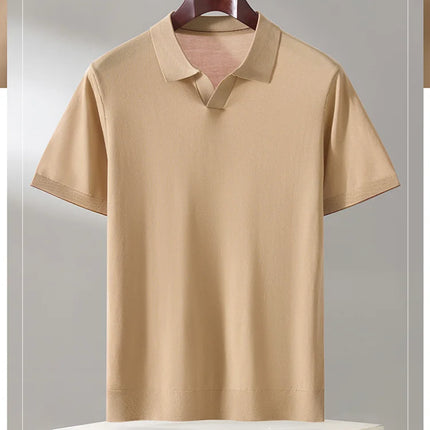 100% Lyocell men's T-shirt casual solid color knitted pullover short sleeved loose POLO collar Tees Pull on vest Tops