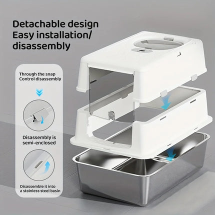New Stainless Steel Cat Litter Box with Flip Cover Closed Design Easy to Clean Non-Slip Mat Indoor Cats Pet Supplies