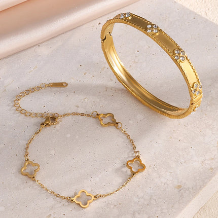 Women's Fashion Stainless Steel Four Leaf Flower Bracelet Set Stacking Design For Party Daily Jewelry Accessory