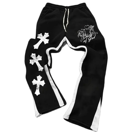Men's New Casual Street Style Trendy Cross Print Fashionable Slightly Flared Black and White Color-Block Design Sweatpants
