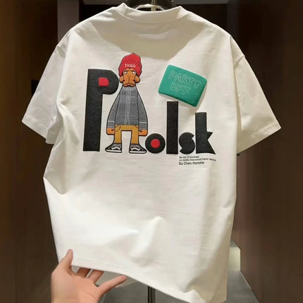 2025 Summer New Trendy Cartoon Printed Men's Short sleeved Rascal Handsome Pure Cotton Casual Round Neck T-shirt