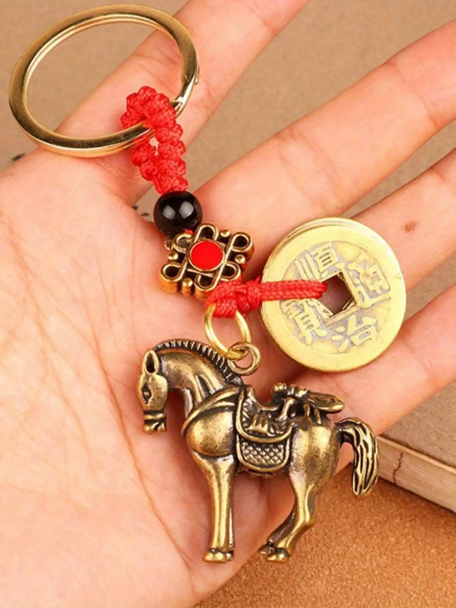 Vintage Chinese Lucky Charm Keychain - Horse & Coin Design With Red & Golden Braided Cord- Zinc Alloy & Copper Alloy,Ideal For Car Keys & Bags, Chinese New Year Fortune Keychain With Horse & Coin Design