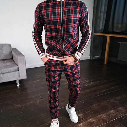 2025 Men Tracksuit 2pc Set Gym Hiking Plaid Zipper Hoodie Cargo Pants Autumn Athleisure Outfit Fleece Jogger Sportswear