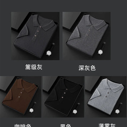Men's T-shirt summer worsted wool sweater short-sleeved casual solid color men's clothes POLO collar knitted Tops loose Blouse
