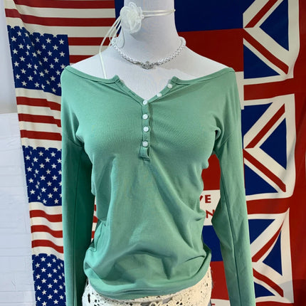 Six Buttons Ribbed Long Sleeve T-shirts Women Spring Round Neck Cotton Slim Tee Top Female Sweet Cute Pink Tshirt Y2k Tops New