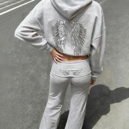 2026 Casual Lady Sweatshirt Set Sequins Angel's Wings Hoodies Women Y2k Chic Loose Long Sleeve Pullovers Top Slim Yoga Pant Set