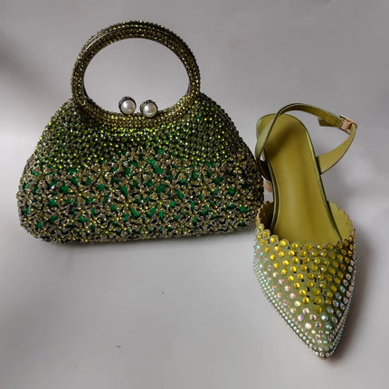 INSIGHTLINK Luxury Olive Green Rhinestones Women's Shoe and Bag Set for Party Wedding Crystals Heeled Pumps and Handbag Sandals